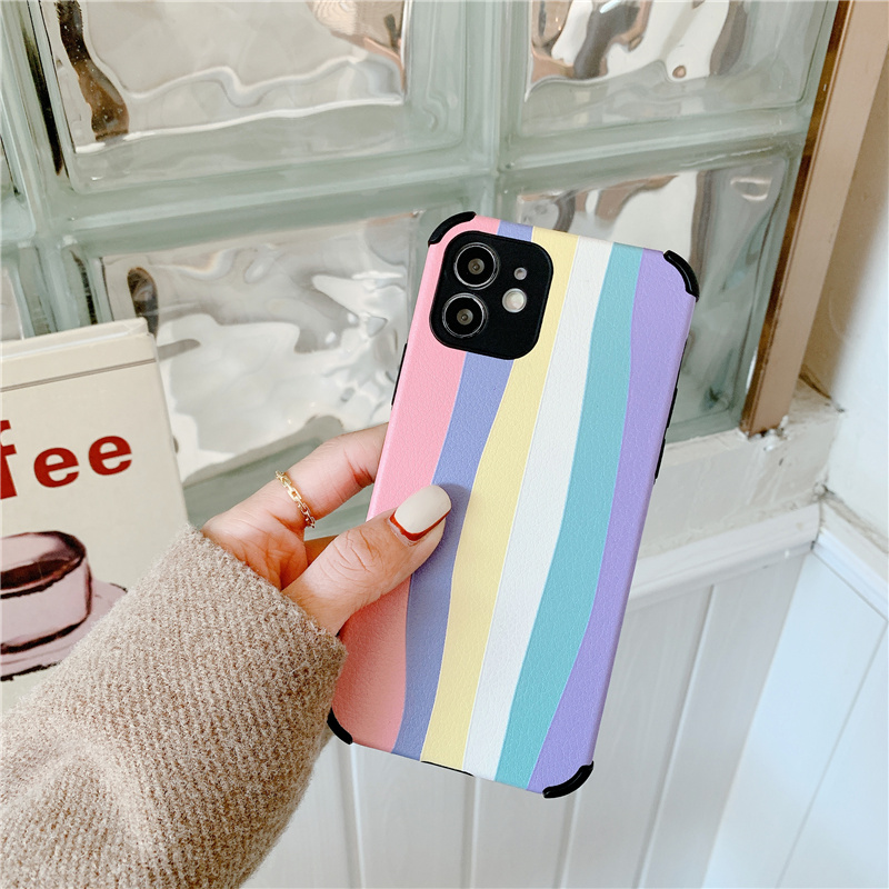 Lambskin Case for iPhone 12 11 Pro Max X XR Four Angle Anti Fall Case 6 7 8 6s Plus Rainbow Printing Casing | BigBuy360 - bigbuy360.vn