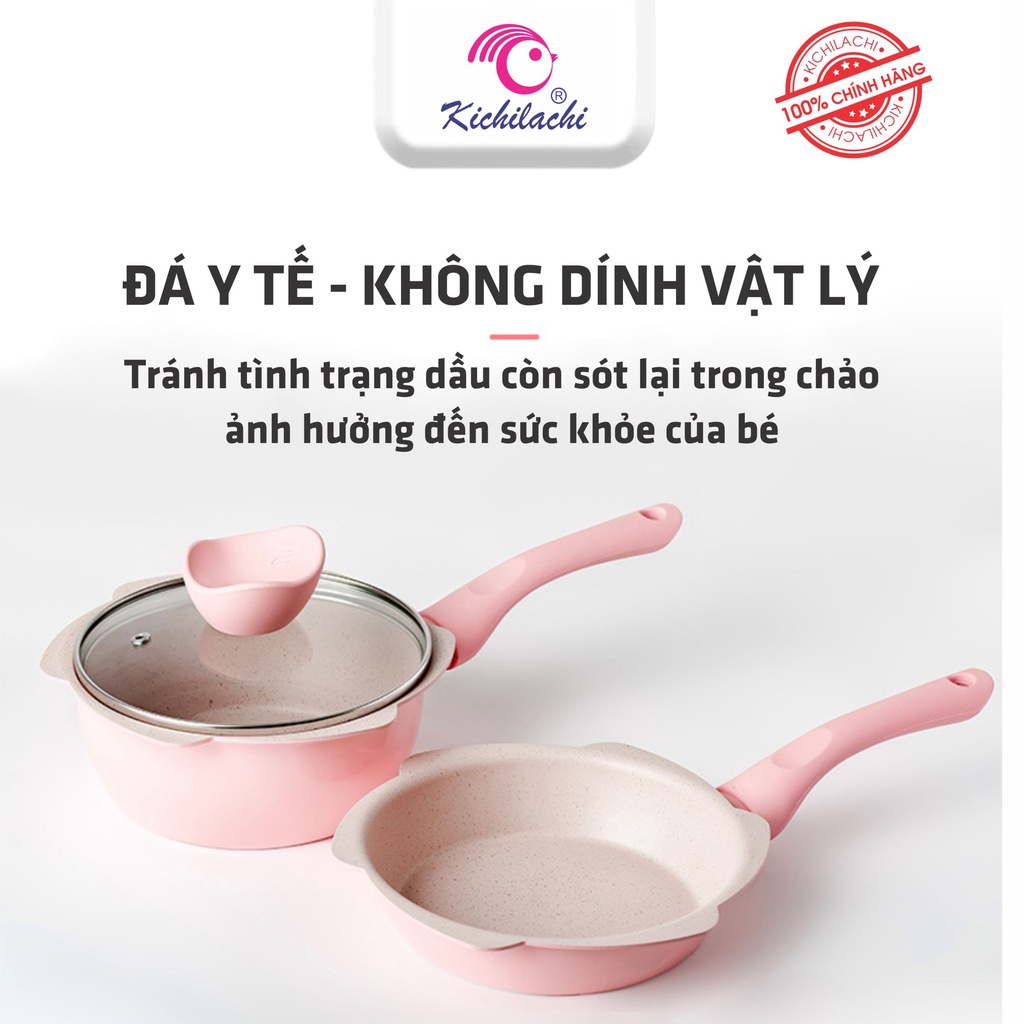 Bộ nồi chảo men đá chống dính KICHILACHI nấu đồ ăn dặm cho bé, size 16cm  - Bảo hành 12 tháng