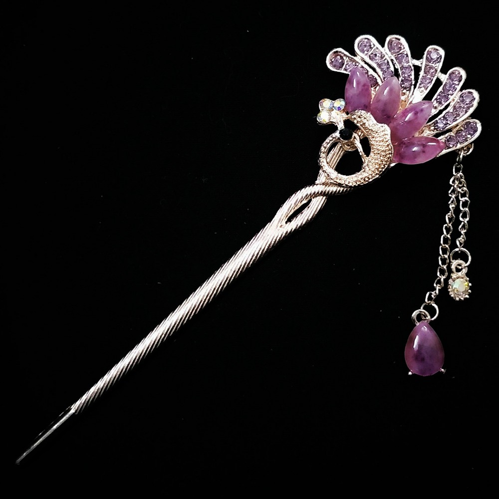 Trâm cài tóc đính hạt họa tiết chim công tua rua vintage