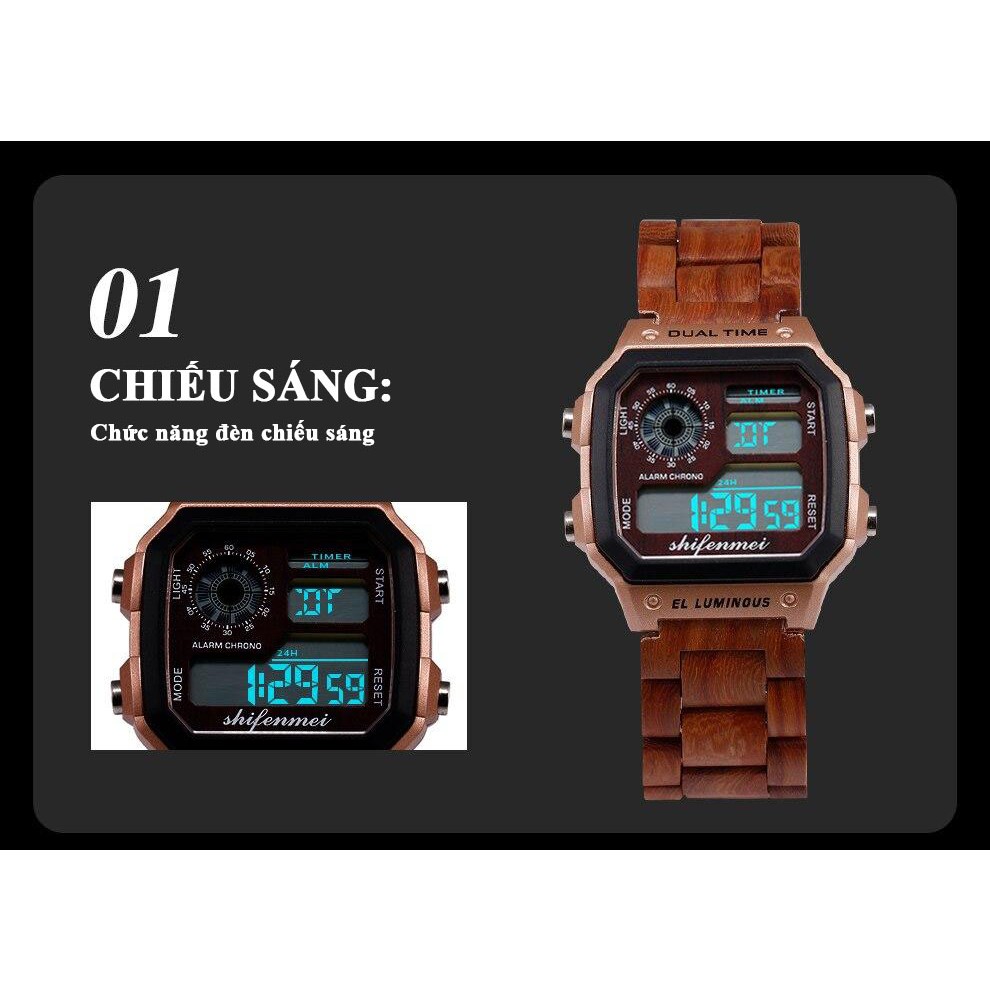 Đồng hồ nam điện tử Shifenmei S5552 kích thước mặt 40mm, dây đeo làm từ gỗ, sử dụng bộ máy kỹ thuật số, không chống nước