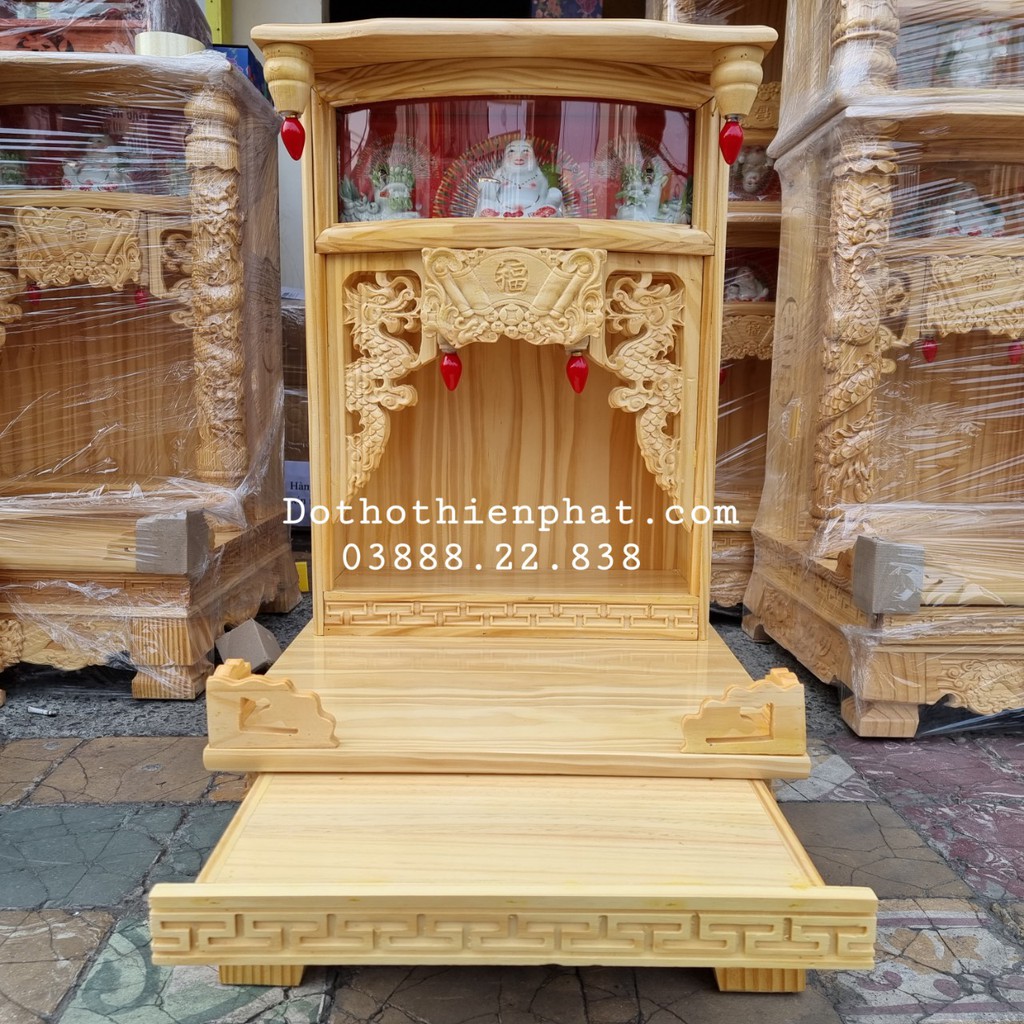 Bàn thờ thần tài ông địa gỗ thông màu nguyên gỗ ngang 48cm hộp điện tử
