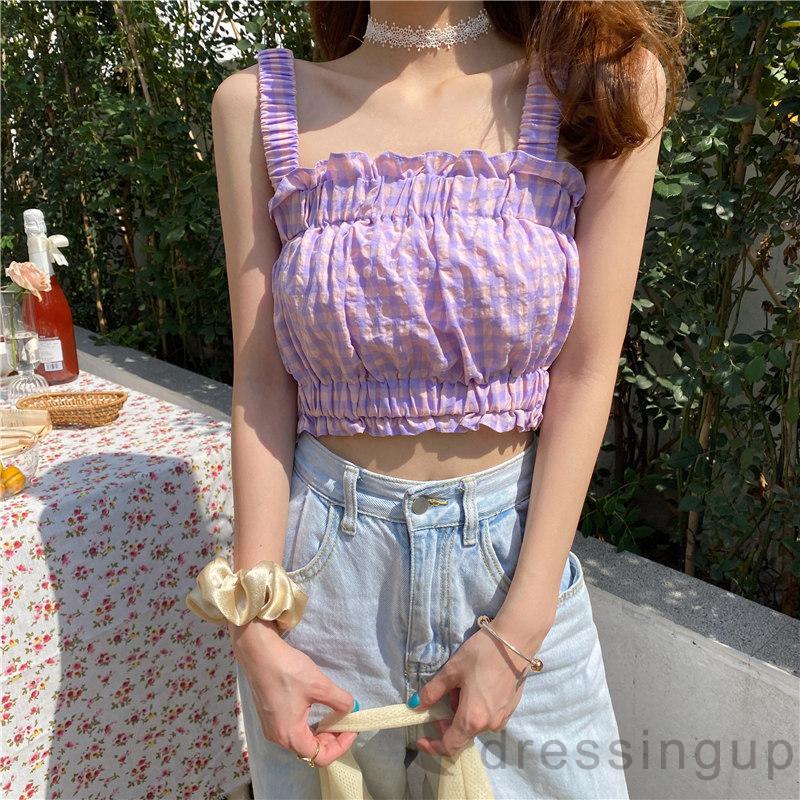 Áo Croptop Cổ Thuyền Không Tay Họa Tiết Caro Màu Tím / Tím