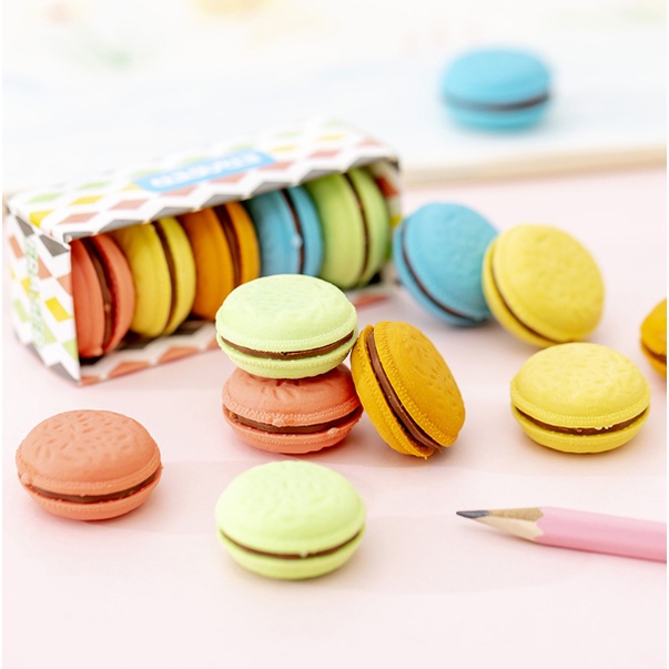 Set gôm, tẩy học sinh bánh macaron nhiều màu sắc đáng yêu
