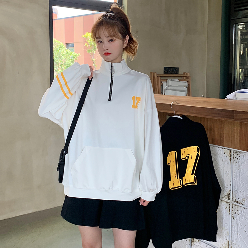 SUXI Áo Sweater Tay Dài Cổ Đứng Khóa Kéo In Họa Tiết Kỹ Thuật Số Cho Nữ