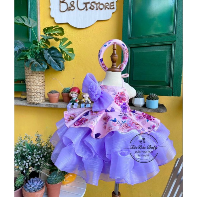 Váy công chúa cho bé BinBon Baby,váy yếm gấm kèm mấn cho bé