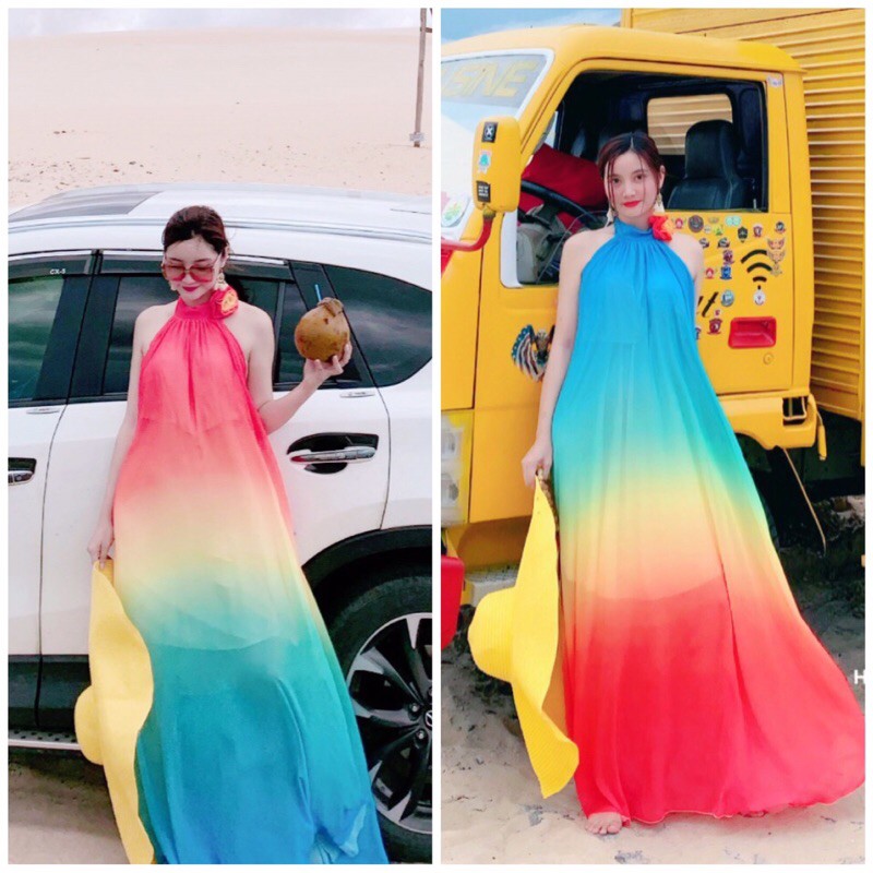 [🌈HÀNG SẴN] Váy maxi voan suông cổ yếm phối màu cầu vòng xanh vàng đỏ siêu hot độc quyền tại shop | BigBuy360 - bigbuy360.vn