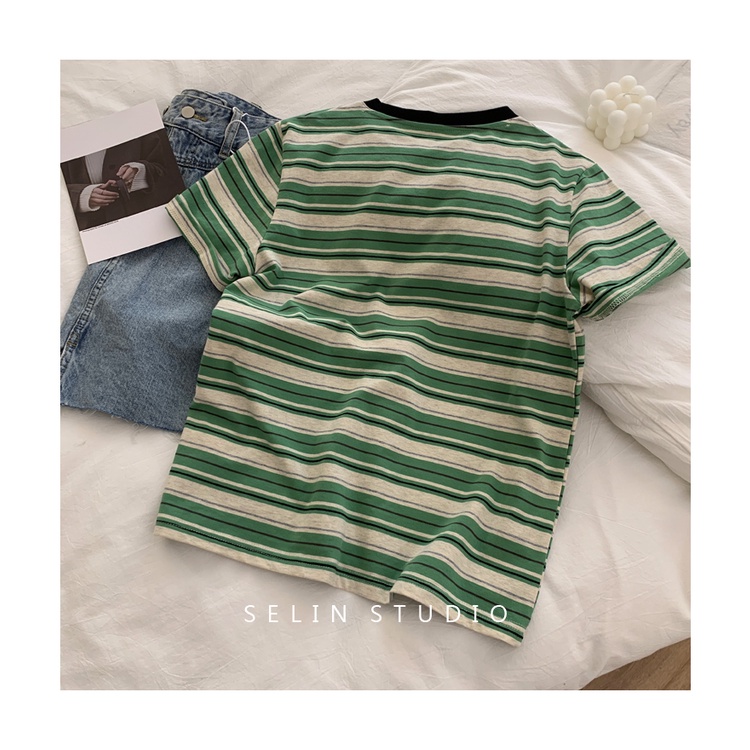 Áo Thun Tay Ngắn Cổ Tròn Họa Tiết Kẻ Sọc Phong Cách Hàn Quốc Thời Trang Cho Nữ