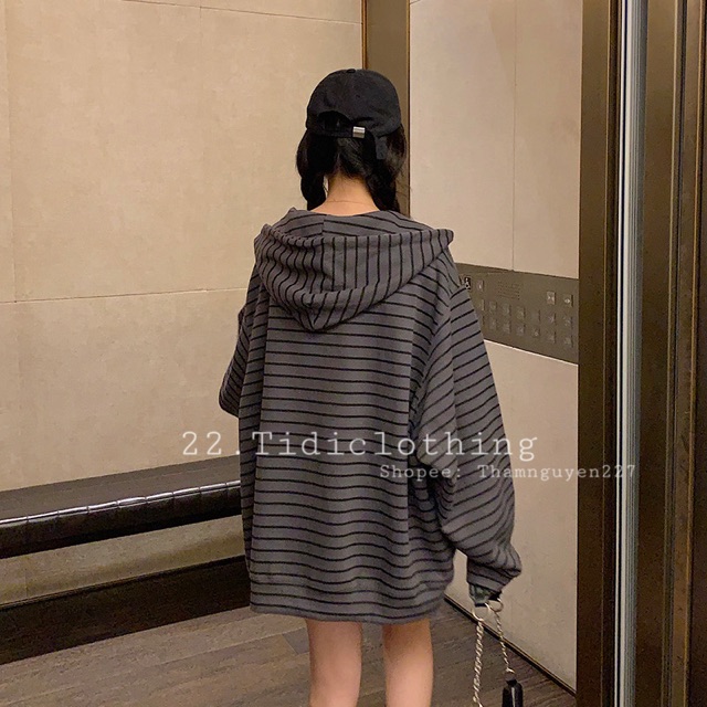 ORDER Áo khoác ulzzang kẻ ngang form rộng oversize có nón to / áo khoác kẻ sọc ngang hoodie tay dài nón to ORDER taobao