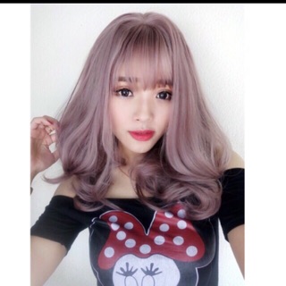 Tóc giả nguyên đầu màu hồng khói - tặng lưới trùm tóc