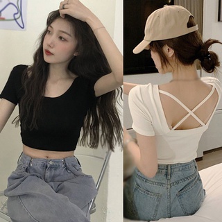 Áo Croptop Tay Ngắn Cổ Tròn Thiết Kế Hở Lưng Quyến Rũ