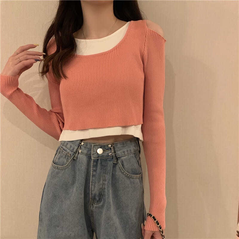 【77】 Áo thun tay dài giả hai lớp phong cách phương tây thời trang xuân thu Hàn Quốc mới cho nữ 2021