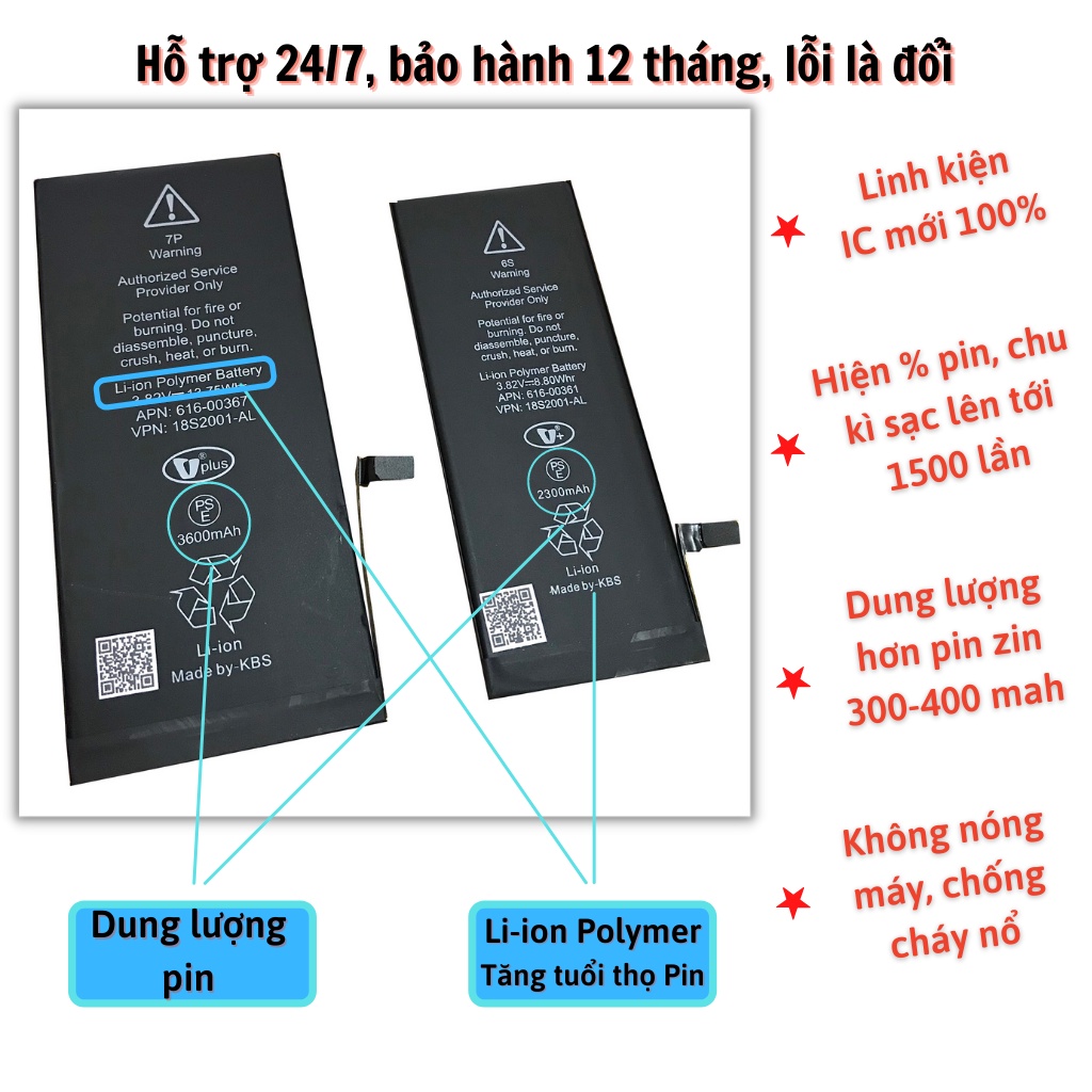 Pin iphone dung lượng cao KBS 5s/ 6/ 6s/ 6plus/ 6splus/ 7/ 7plus/ 8/ 8plus/ x, chính hãng, không nóng máy-Bảo hành 12T