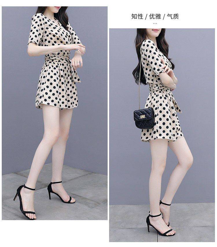 Jumpsuit Ống Rộng Lưng Cao Họa Tiết Chấm Bi Xinh Xắn Thời Trang