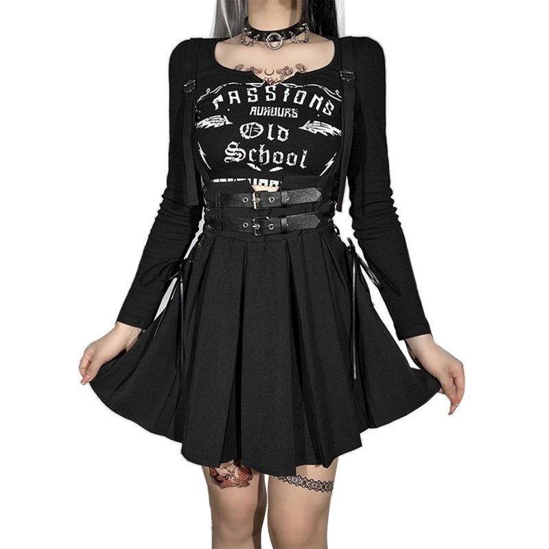 Chân Váy Chữ A Mini Màu Đen Phối Dây Thắt Lưng Phong Cách Harajuku Gothic Punk Cho Nữ
