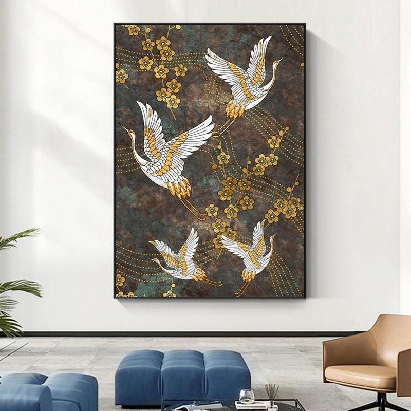 Tranh Vải Bạt Treo Tường In Hình Chim Hạc Vàng Phong Cách Trung Hoa Trừu Tượng Retro Trang Trí Nhà Cửa