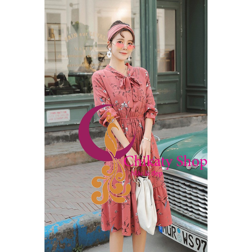 Đầm tiểu thư hoa nhí tay dài thắt nơ
