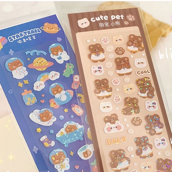 Zanmo tấm hình dán sticker cute pet gấu thỏ phi hành gia kim tuyến dễ thương