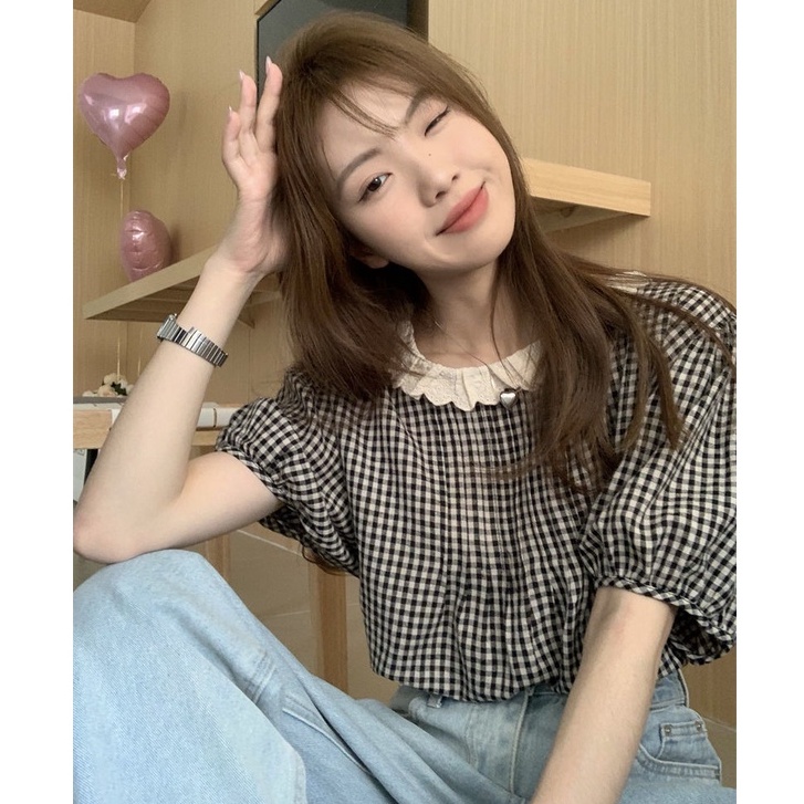 Áo Sơ Mi Tay Ngắn Dáng Rộng Họa Tiết Sọc Caro Thời Trang Cho Nữ