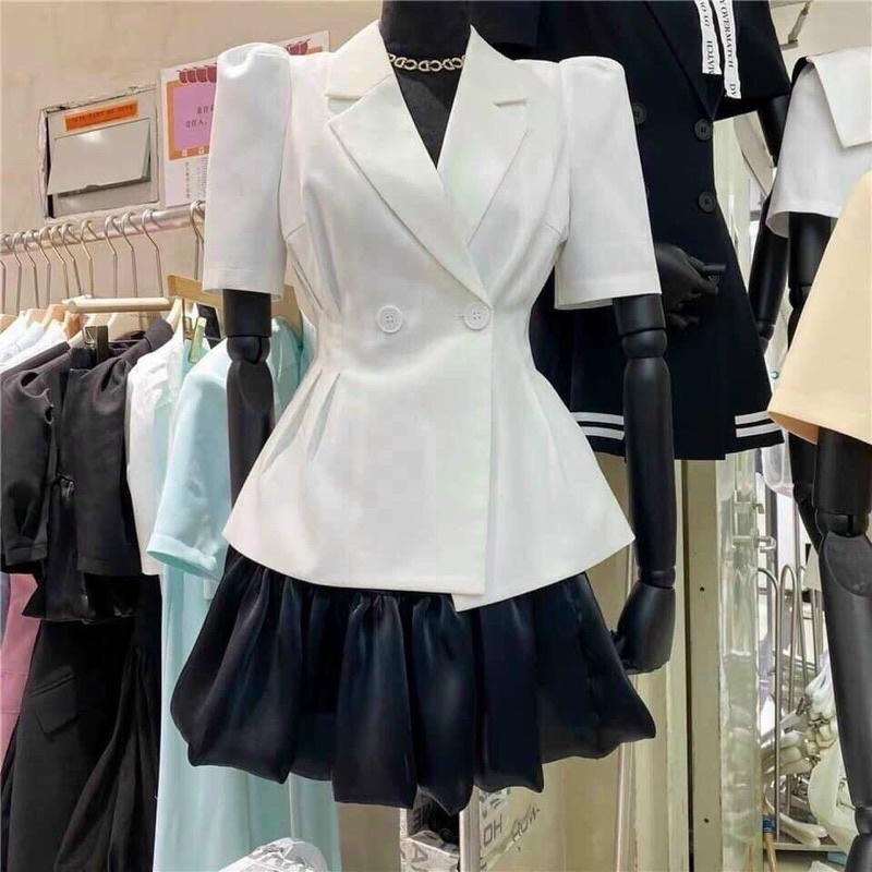 Áo Vest Blazer Tay Phồng Vạt Vuông 2 Màu Đen Trắng Sang Trọng Kèm Chân Váy HB Thiết Kế Thanh Lịch