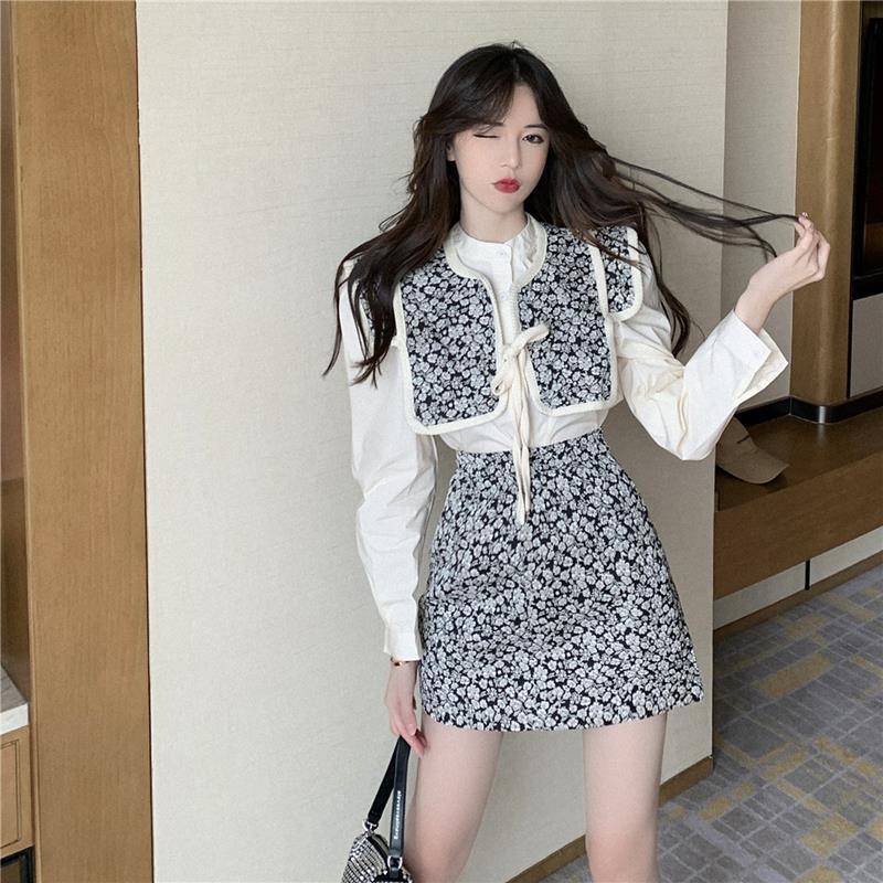 Set Áo Sơ Mi Tay Dài Họa Tiết Hoa + Chân Váy Ngắn Lưng Cao Thời Trang Mùa Thu Cho Nữ | BigBuy360 - bigbuy360.vn