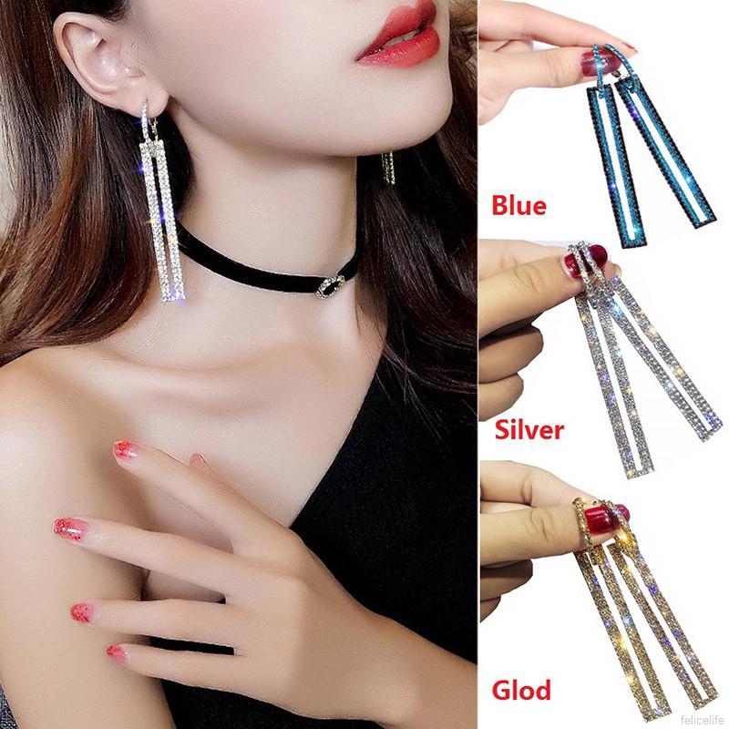 Đôi bông tai dài hình chữ nhật nạm đá