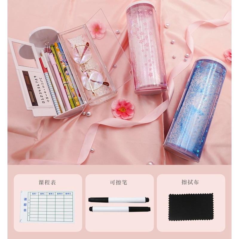 124Korean Quicksand Translucent Pencil Cases Multifunction Cylindrical Pencil Box School Case Cute Girl Boy Pink Blue Pen Holder