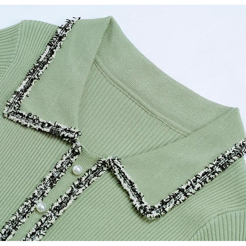 Đầm Dệt Kim Tay Dài Phối Lưới Màu Xanh Lá / Đen Thời Trang Cho Nữ