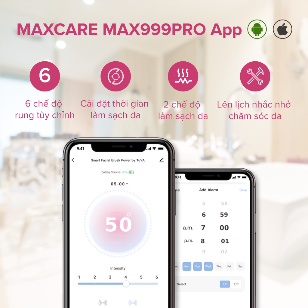 Máy rửa mặt kết nối app thông minh Maxcare Max999PRO sản phẩm cao cấp theo dõi và cài đặt chế độ làm sạch da chuyên biệt