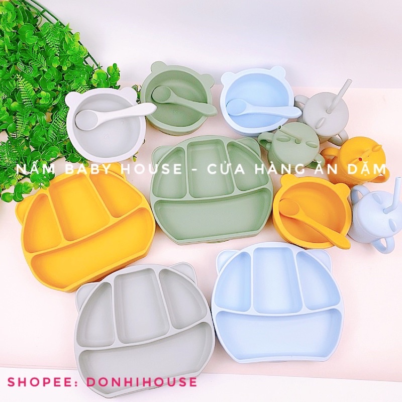 Khay ăn dặm silicone hình tai gấu có đế chống trượt an toàn cho bé- set khay bát cốc ăn dặm
