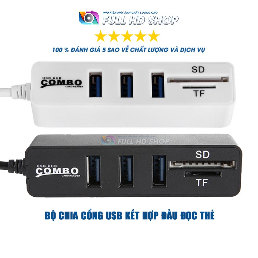 Bộ chia 3 cổng USB 2.0 - Hub chia cổng USB tích hợp đầu đọc thẻ tiện dụng - Full HD Shop