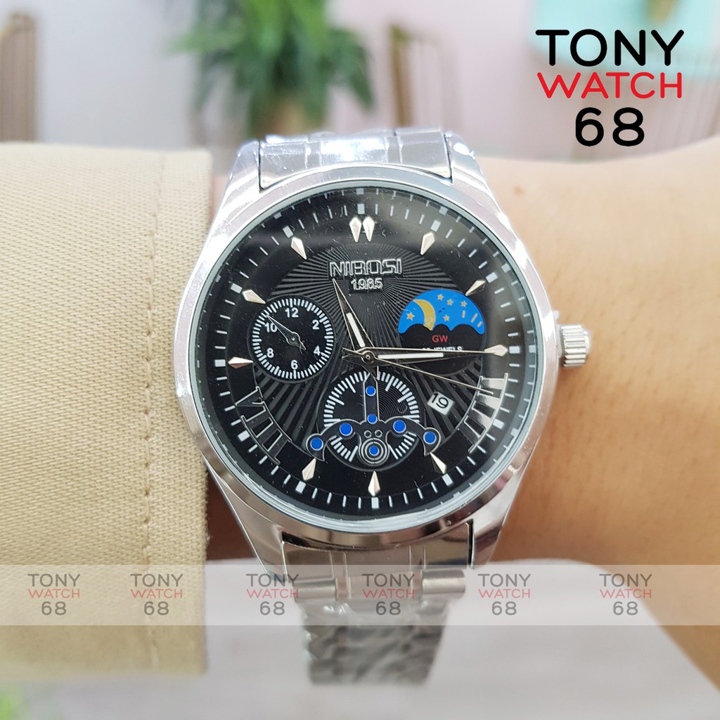 Đồng hồ nam Nibosi dây bạc mặt đen 3 kim chống nước chính hãng Tony Watch 68