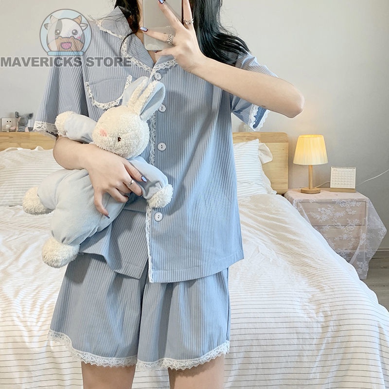 Bộ Đồ Ngủ Tay Ngắn Phối Ren Phong Cách Hàn Quốc Thời Trang Cho Nữ
