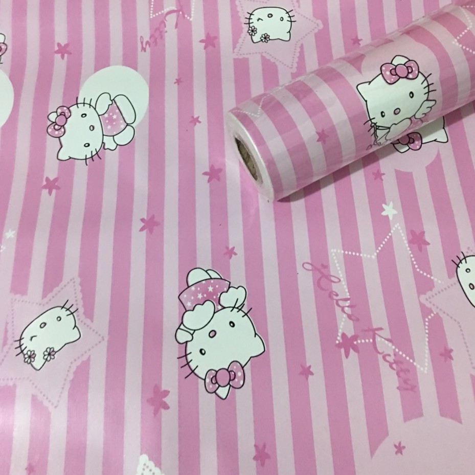 10M GIẤY DÁN TƯỜNG KITTY DỌC HỒNG Khổ Rộng 45cm có sẵn keo dễ thương cho bé