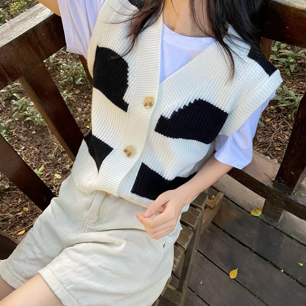 Korean Retro Korean Check V-neck Knit Sleeveless Vest Women's Top | BigBuy360 - bigbuy360.vn