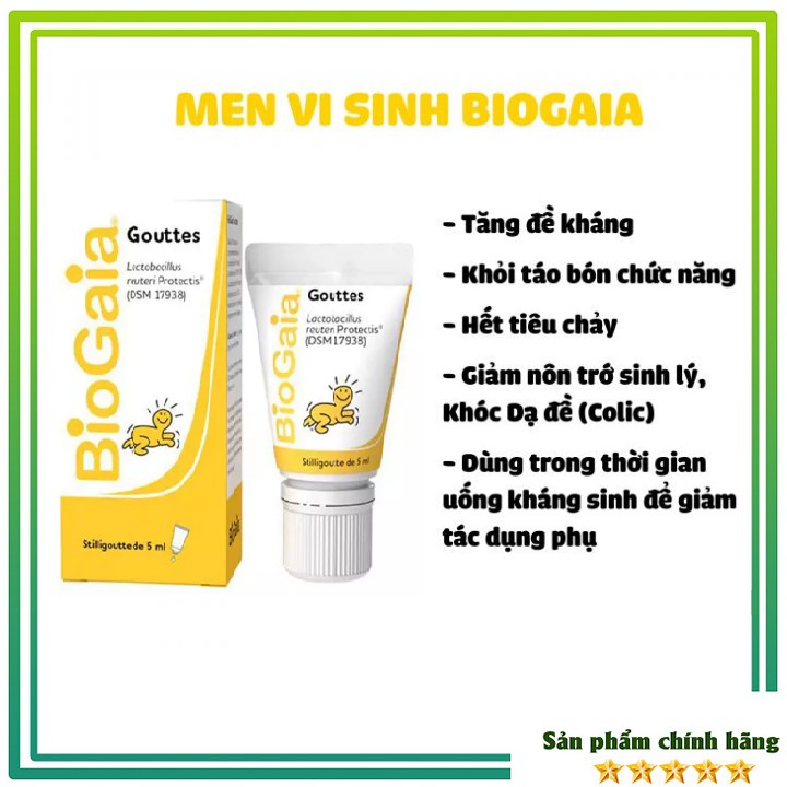 Men vi sinh Bio Gaiga 5ml (Pháp) giúp giảm các triệu chứng táo bón, tiêu chảy, nôn trớ sinh lý ở trẻ sơ sinh