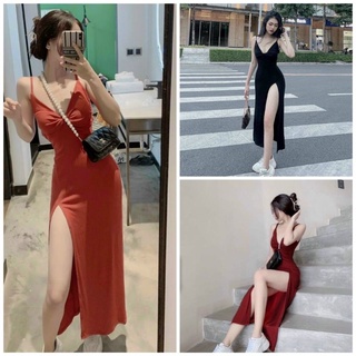 Đầm thun hai dây ngực xoắn nơ - có mút ngực - dáng dài maxi xẻ tà ôm body sexy - tiểu thư bánh bèo cute sang chảnh basic
