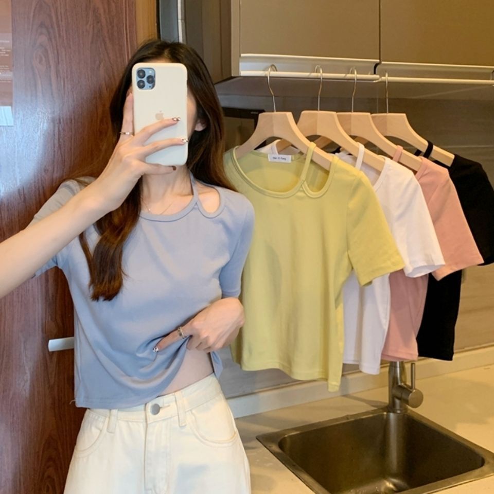 Áo Thun Croptop Trễ Vai Màu Sắc Trơn Phong Cách Thời Trang Hàn Quốc 2022
