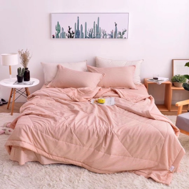 Bộ Chăn Ga Gối Cotton Đũi Kẻ HIN BEDDING Mềm Mịn Thấm Hút Mồ Hôi, Chăn Ga Gối Cotton Cao Cấp