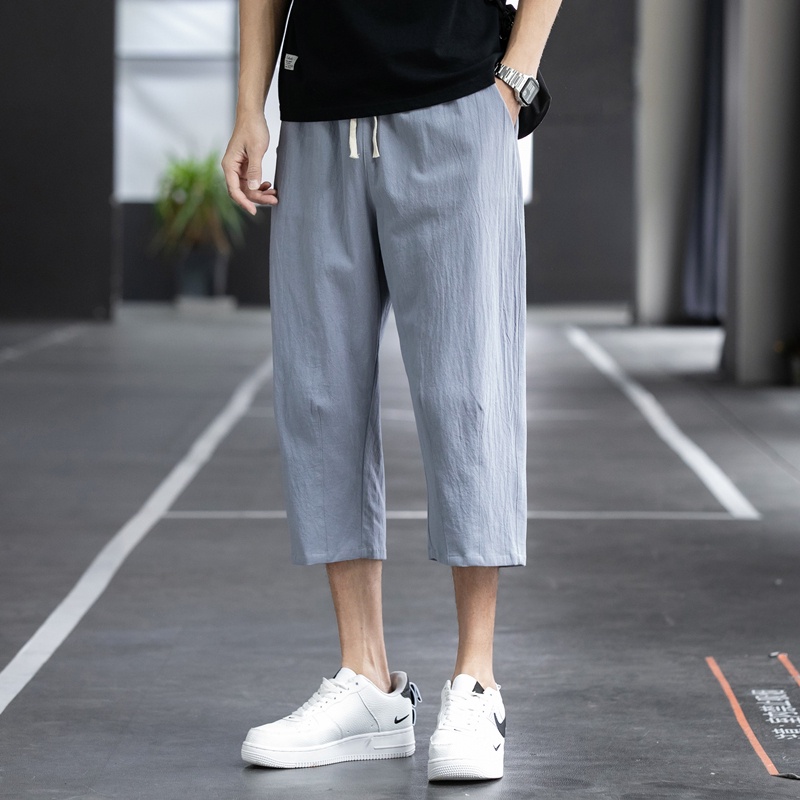 Quần Cắt Xén Dáng Rộng Vải Lanh Cotton Mỏng Phong Cách 7 Điểm Dễ Phối Đồ Cho Nam