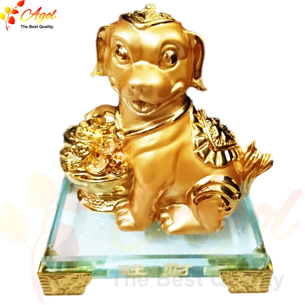 TƯỢNG CHÚ CHÓ VÀNG - ĐẾ THỦY TINH CAO CẤP