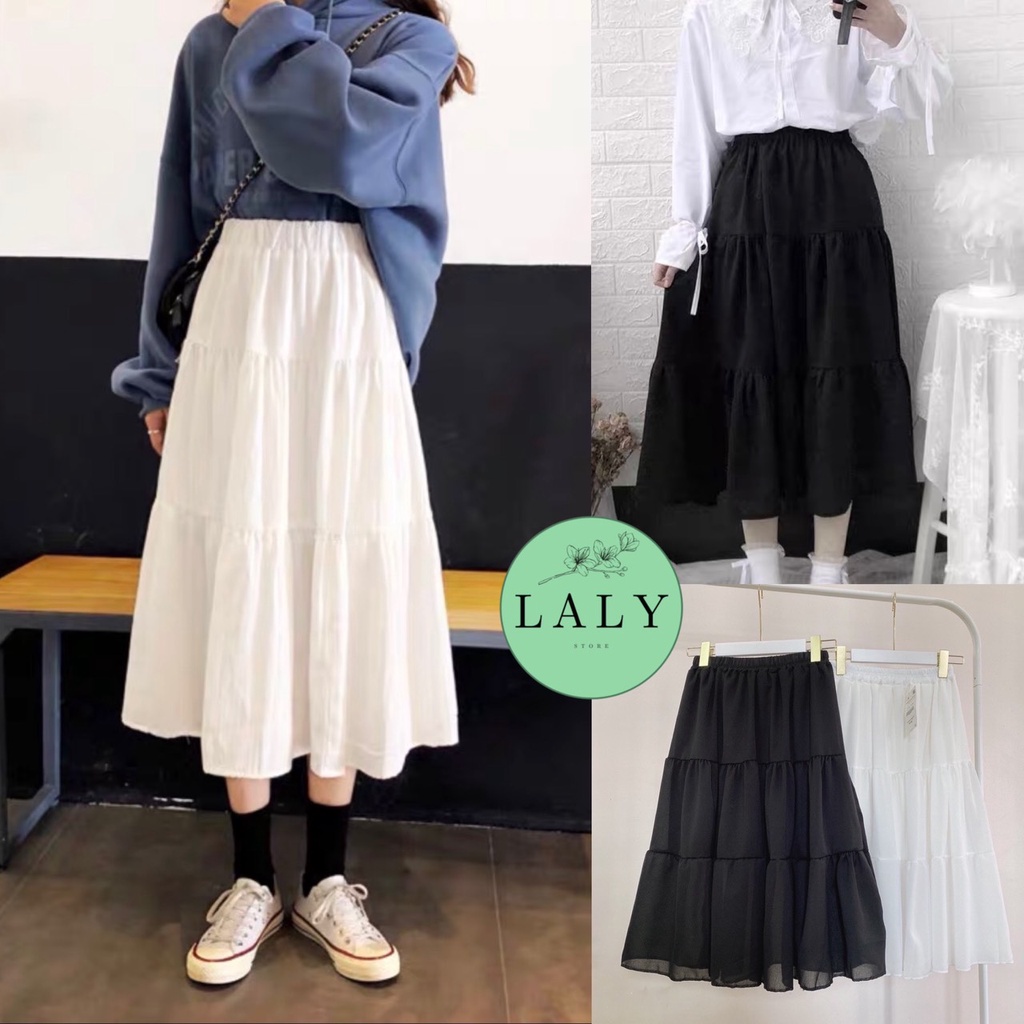 Chân váy dài nữ , đầm babydoll 3 tầng dáng xòe chữ a ulzzang trắng đen LALY CV02