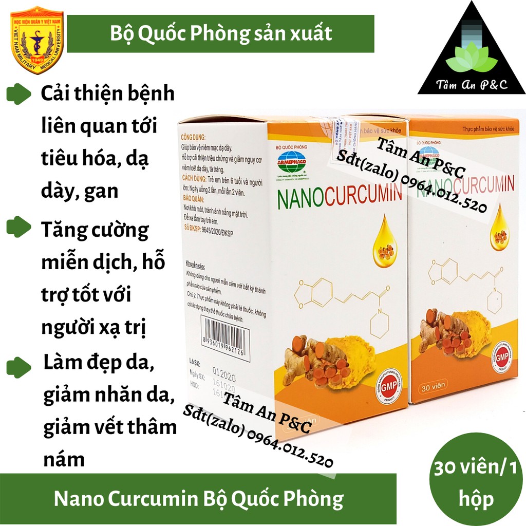 Viên uống Nano Curcumin hộp 30 viên Bộ Quốc Phòng sản xuất- Giảm viêm đau dạ dày, đẹp da, tăng cường sức khỏe-CHÍNH HÃNG