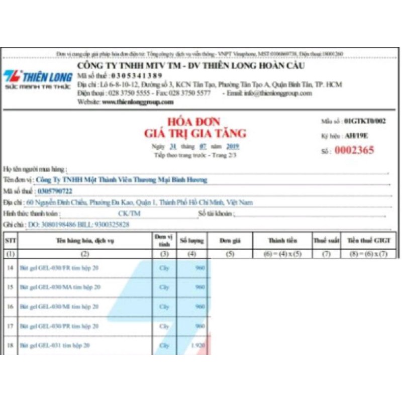 10 BÚT THIÊN LONG GEL-031 TÍM, NÉT BÚT 0.5mm