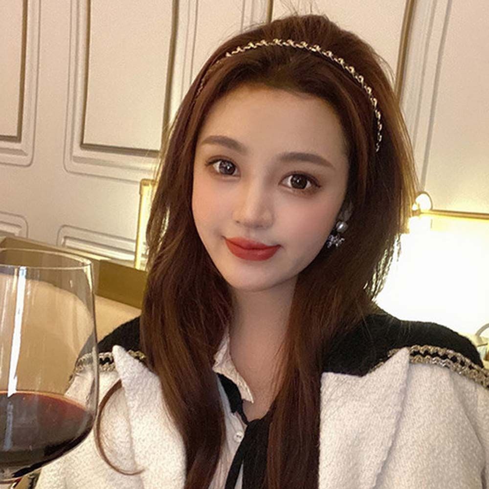 Băng đô da PU phối dây xích kim loại màu đen đơn giản phong cách Hàn Quốc cho nữ