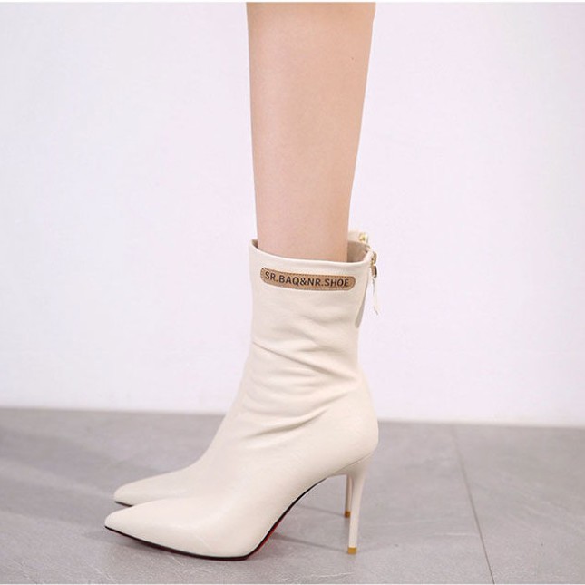 Giày bốt cao gót mũi nhọn phối khóa kéo sau cổ cao trung bình | BigBuy360 - bigbuy360.vn