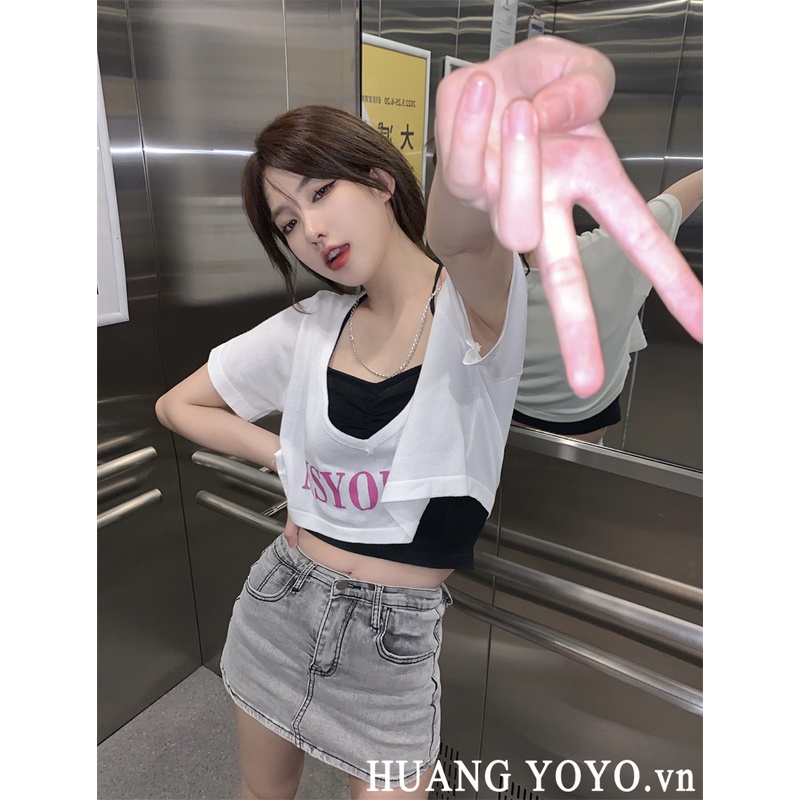 HUANG YOYO Set Áo Thun Dây Đan Chéo Lưng Phối Chân Váy Thời Trang Nữ Tính