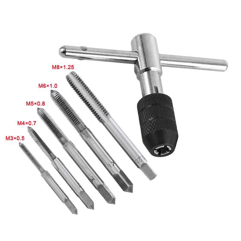 Metric Standard 6Pcs M3-M8 Tap Drill Set T Handle Ratchet Tap Wrench Machinist Tool With Screw Tap Hand Alloy Steel