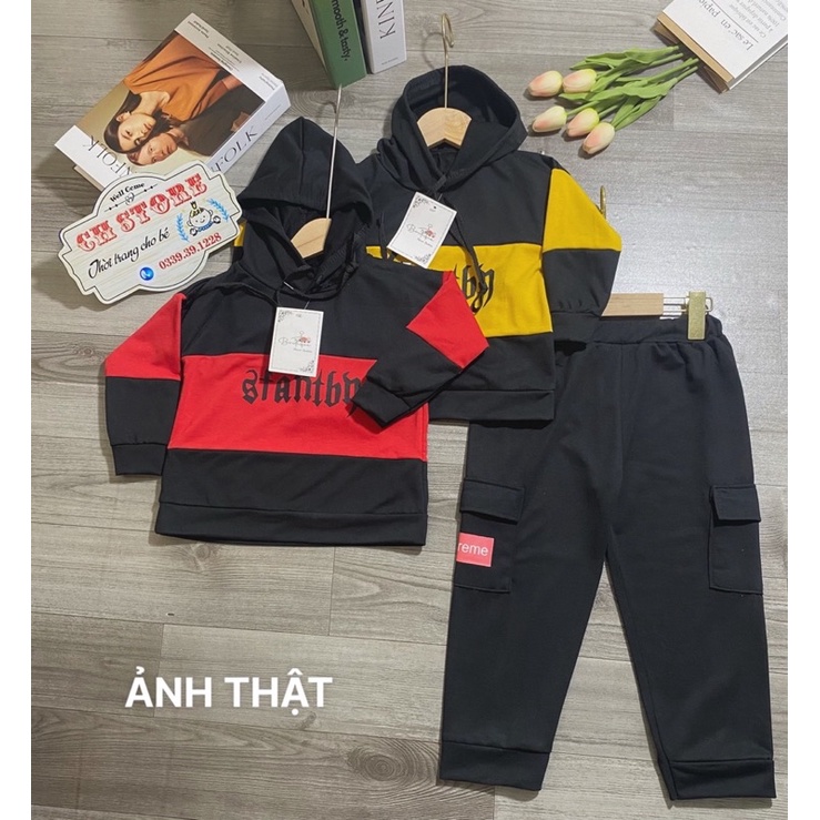 Bộ quần áo thu đông hoodie trẻ em 14-45kg dành cho bé trai mẫu Ba Khoang có mũ chất vải dày dặn giữ ấm tốt