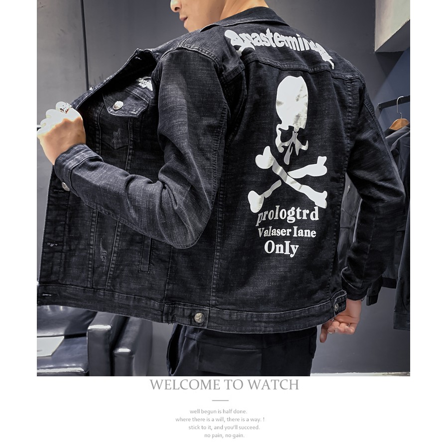 Men Autumn Slim Skull Punk Black Embroidery Denim Jacket Male Personality Street Hip Hop Plus Size Jean Jacket