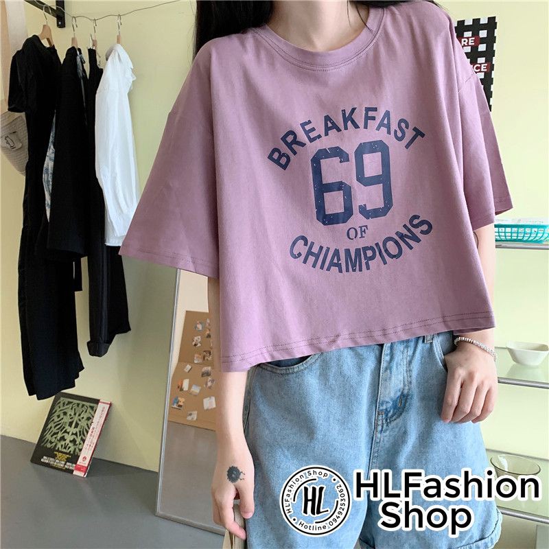 Áo croptop thun nữ Breakfast 69, áo thun nữ HLFashion